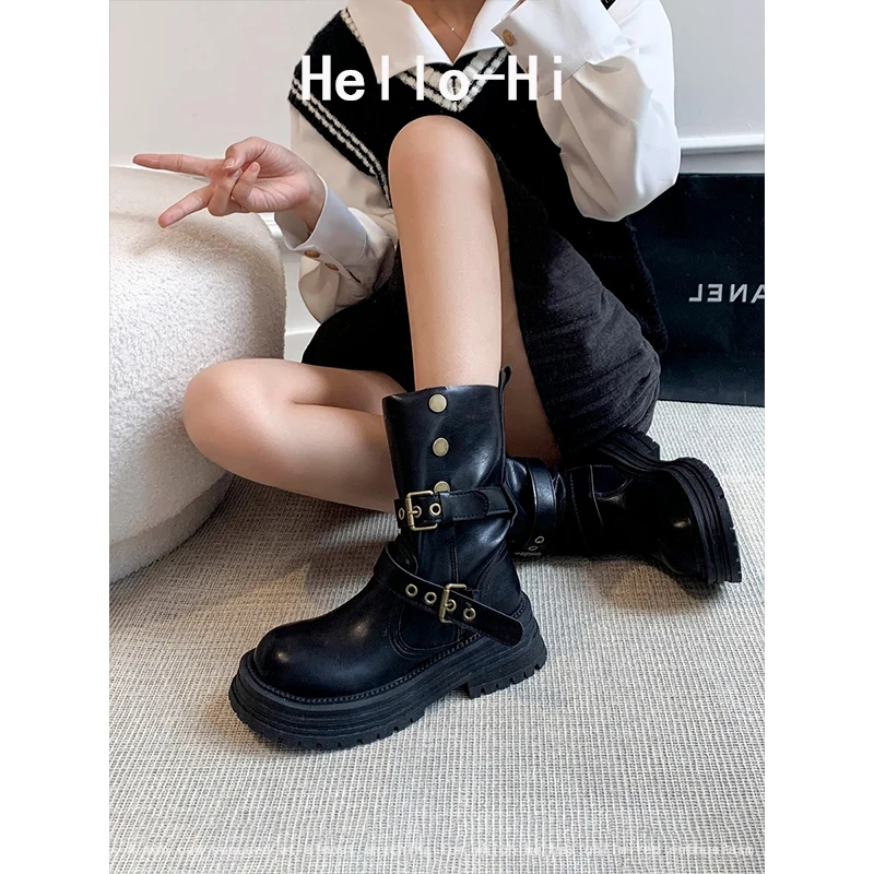 牛皮版~黑色马丁靴女粗跟厚底增高可翻折两穿复古西部靴短靴气质