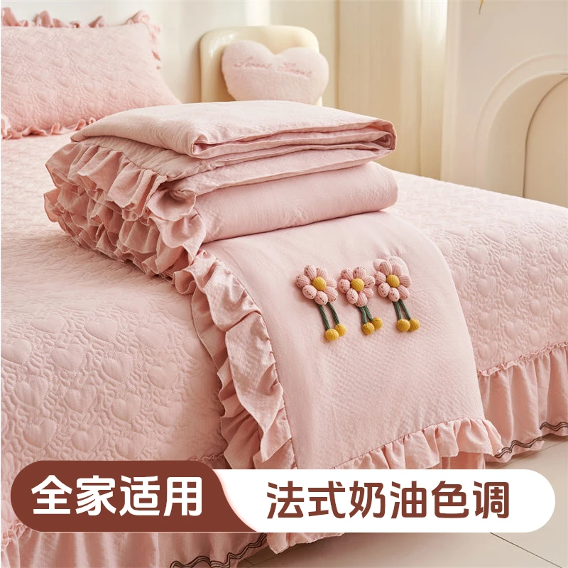公主风夏季水洗泡泡纱四件套韩式花边床盖款可机洗空调凉被