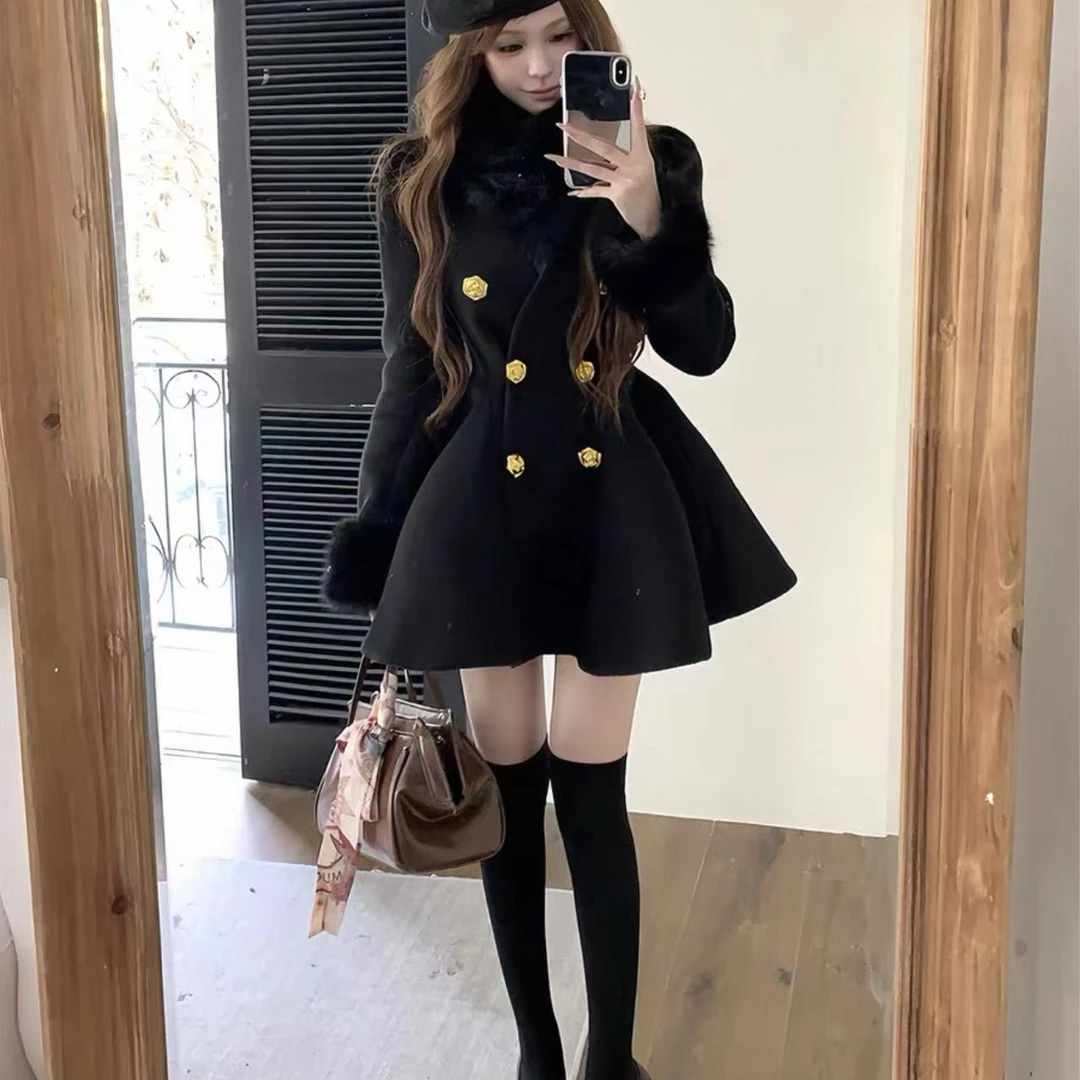 婷婷家小香风法式毛领黑色收腰毛呢大衣中长款毛呢外套女