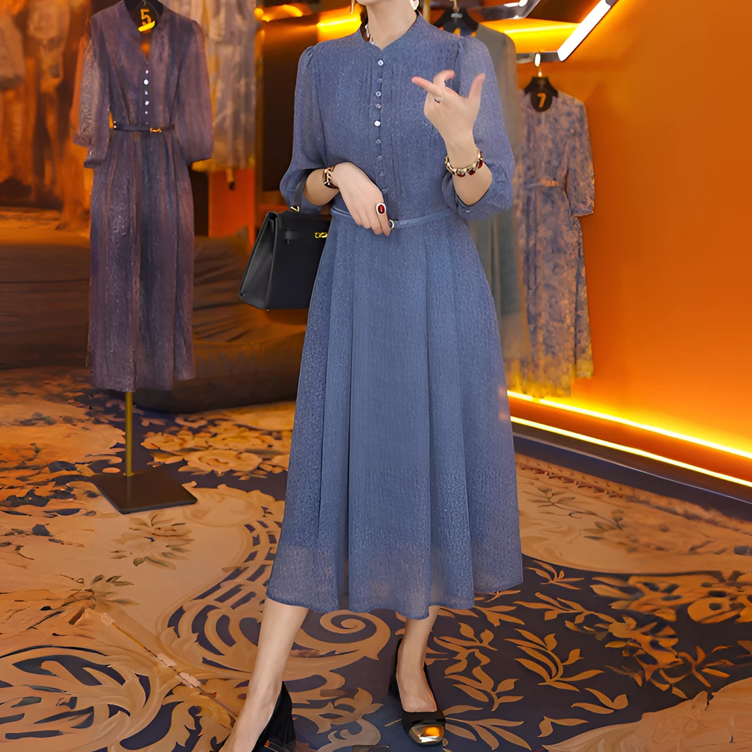 高奢专柜品牌赫本风气质优雅连衣裙收腰暗条纹A1853