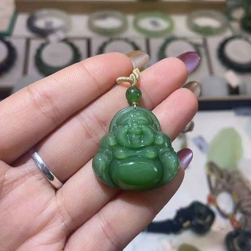 和田玉碧玉粉绿佛公吊坠