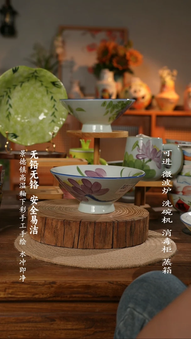 瓷景德镇高温瓷釉下彩手绘陶瓷绿叶紫