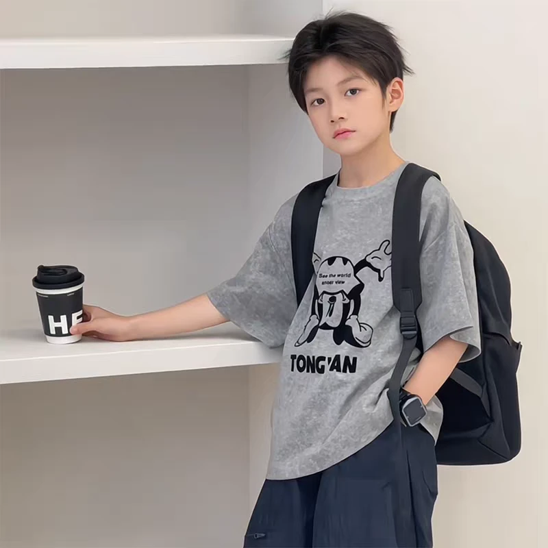 男童短袖T恤夏季25新款帅气时髦儿童夏装男女童卡通圆通上衣童装