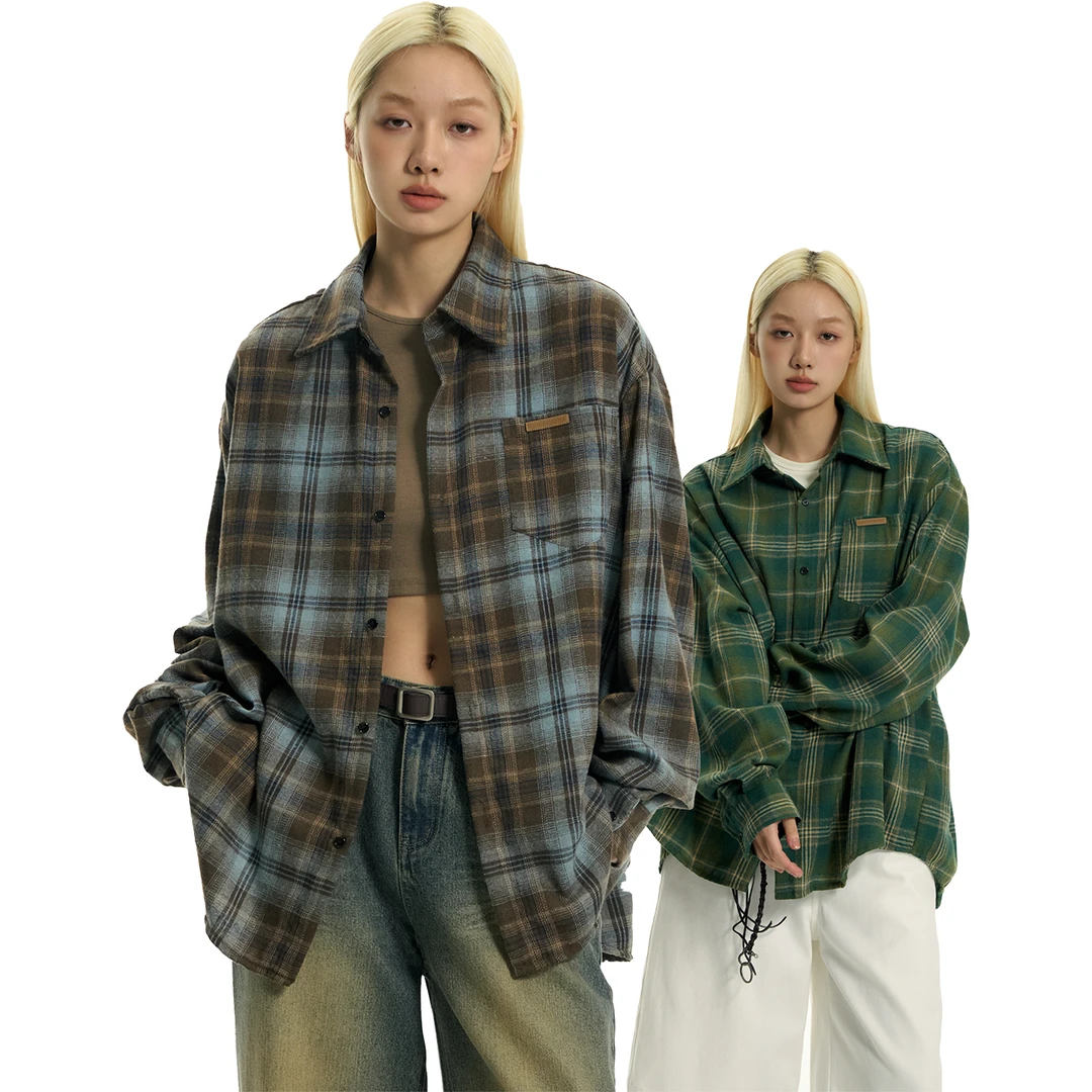 TGNS潮牌棕色格子衬衫男女春秋新款美式宽松慵懒风百搭情侣外套