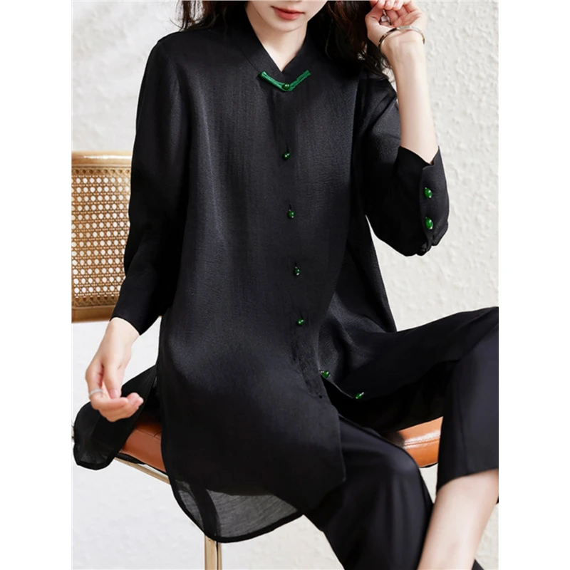 大码新中式风黑色长袖衬衫女秋季胖mm显瘦洋气遮屁股中长款上衣