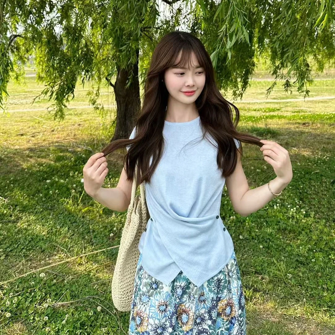 Not defined时尚气质短袖针织衫女夏季显瘦设计感正肩甜美上衣