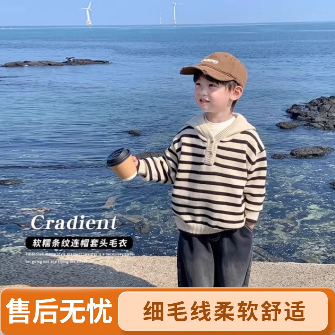 宝宝毛衣春秋款男童针织衫儿童秋季连帽上衣小童外套薄款男孩秋装