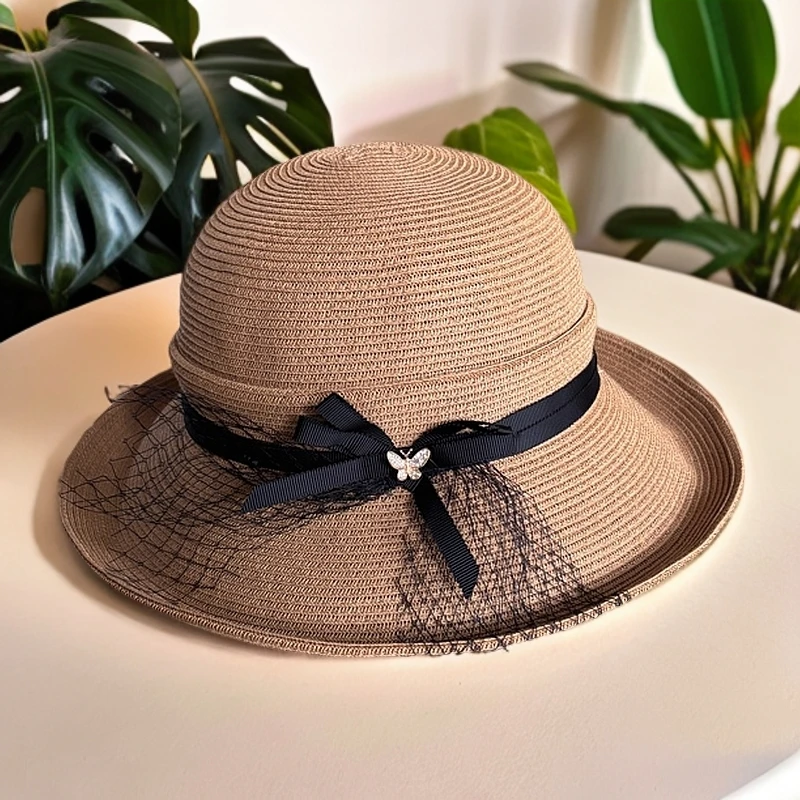 35号 夏天卷边蝴蝶交错边网纱优雅气质透气百搭女士防晒遮阳帽