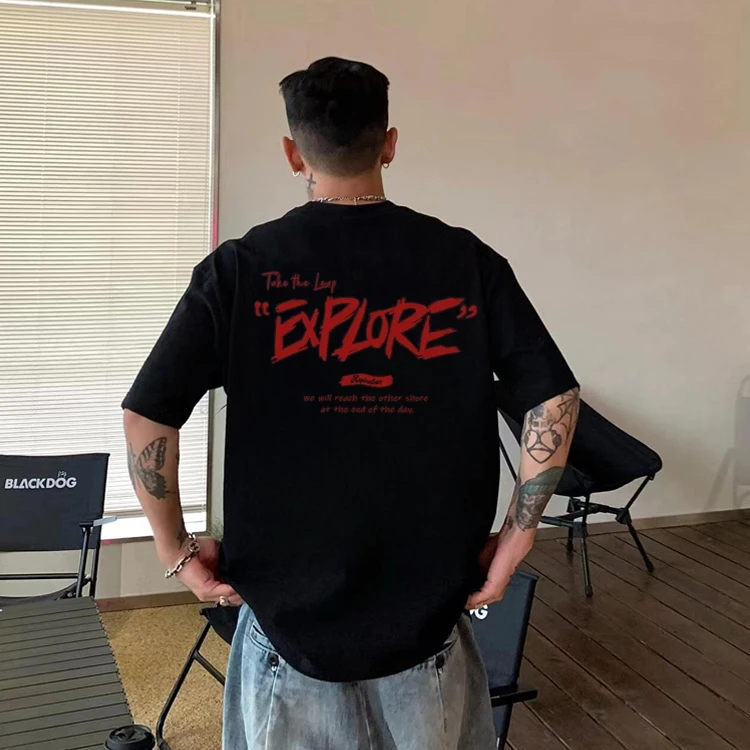 男生夏季纯棉短袖t恤2025新款美式潮流通勤宽松字母印花圆领半袖