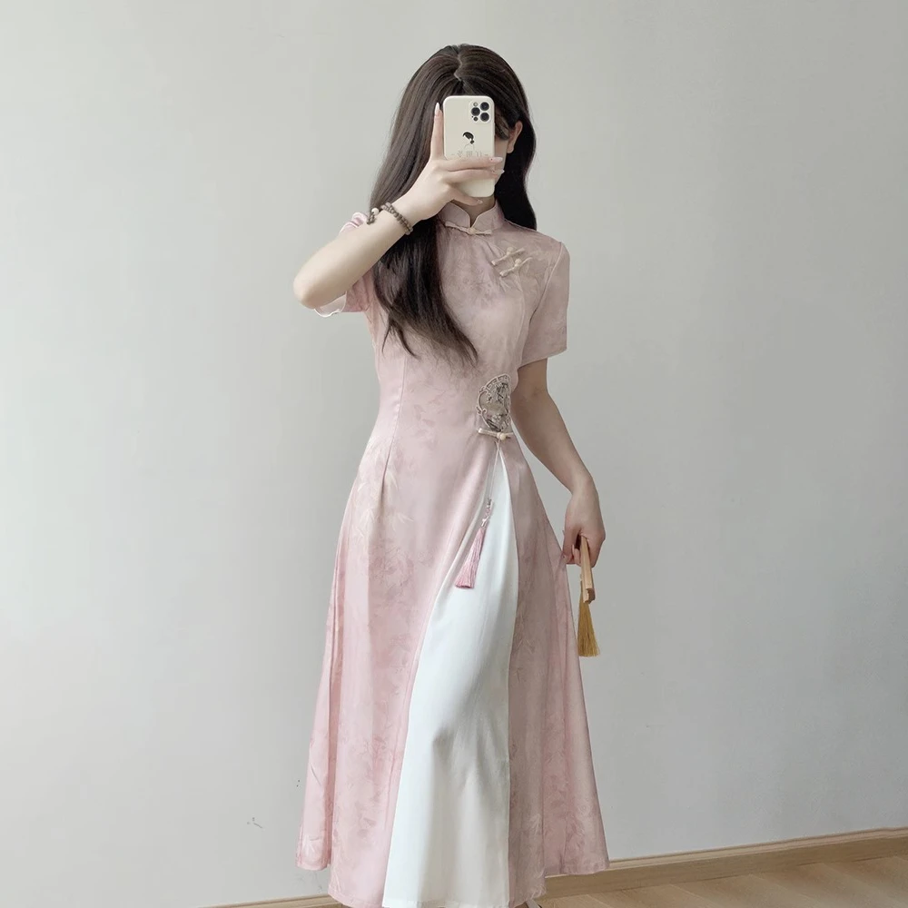 新中式国风旗袍夏季新款短袖A版无开叉修身改良茶服连衣裙日常款