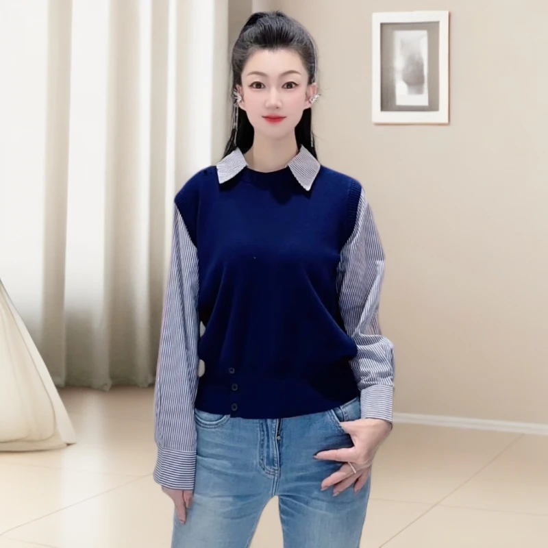 方领撞色春季翻领秋季假两件女装短袖毛针织衫女条纹毛衣