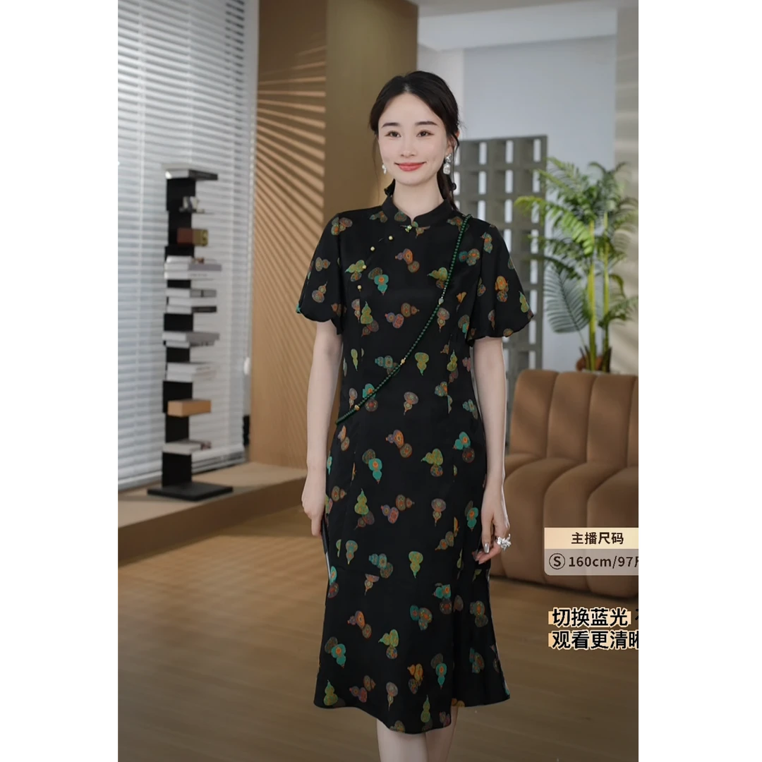 HELA AOMI“福禄满堂”香云纱桑蚕丝100%葫芦立领连衣裙CY5BC01865