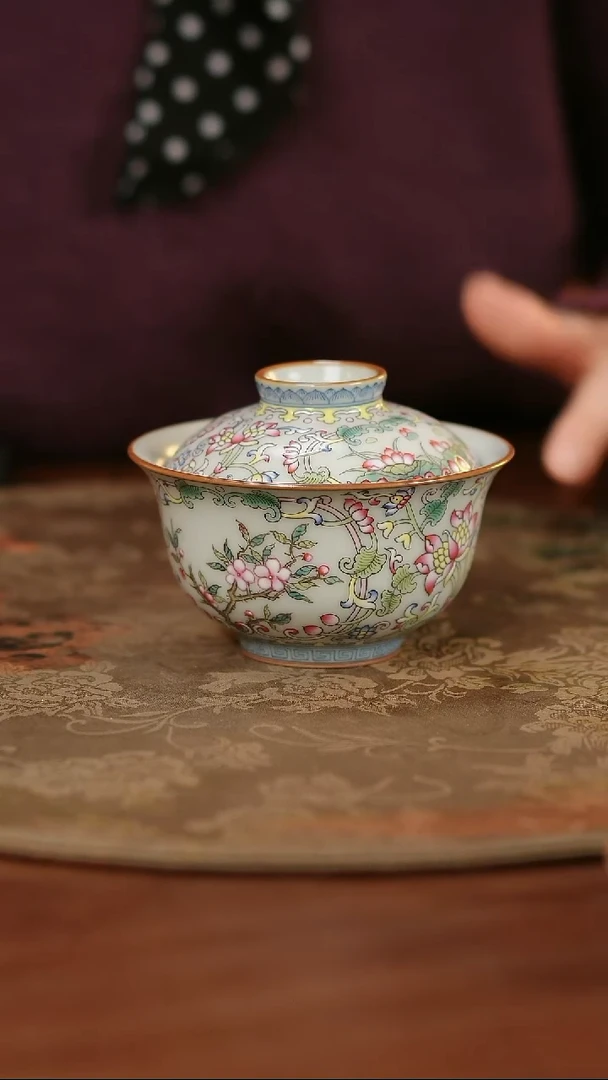 善窑厂汝窑粉彩手绘盖碗