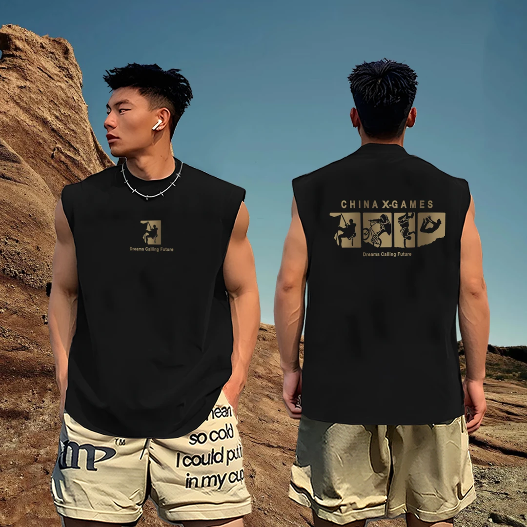 【新款】纯棉背心美式男夏季潮牌健身宽松运动无袖跑步休闲上衣嘻哈