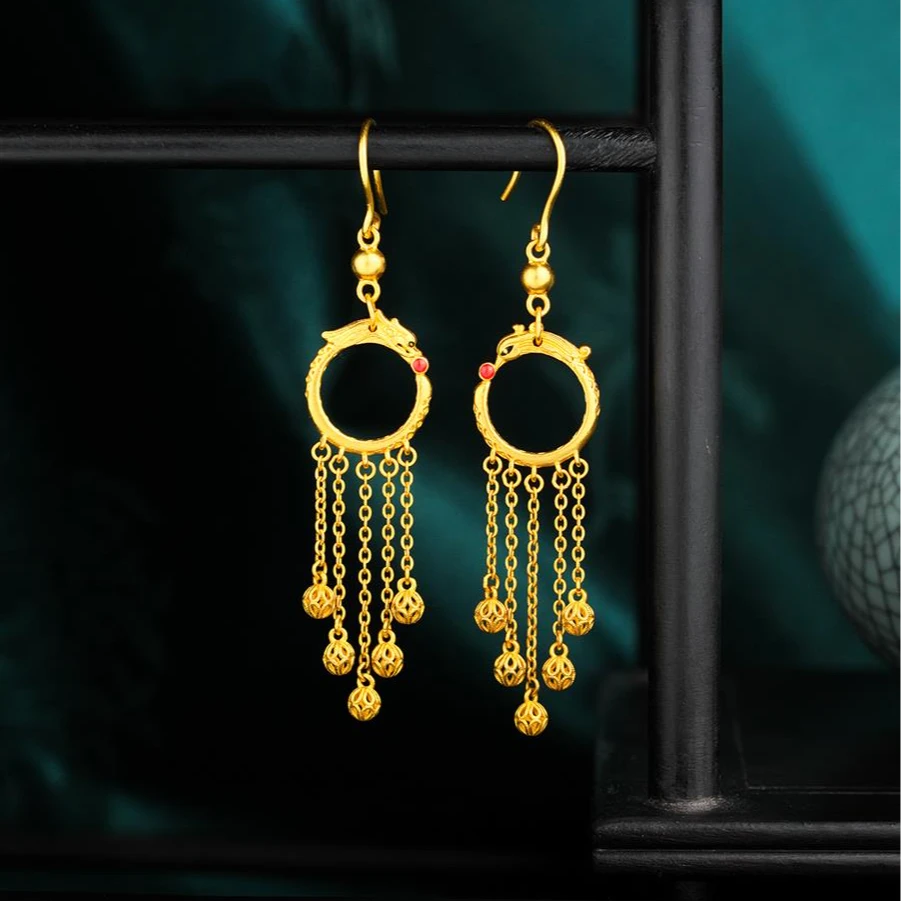 ZOCAI/佐卡伊【传世之美】古法黄金耳饰国风龙凤呈祥流苏耳钩