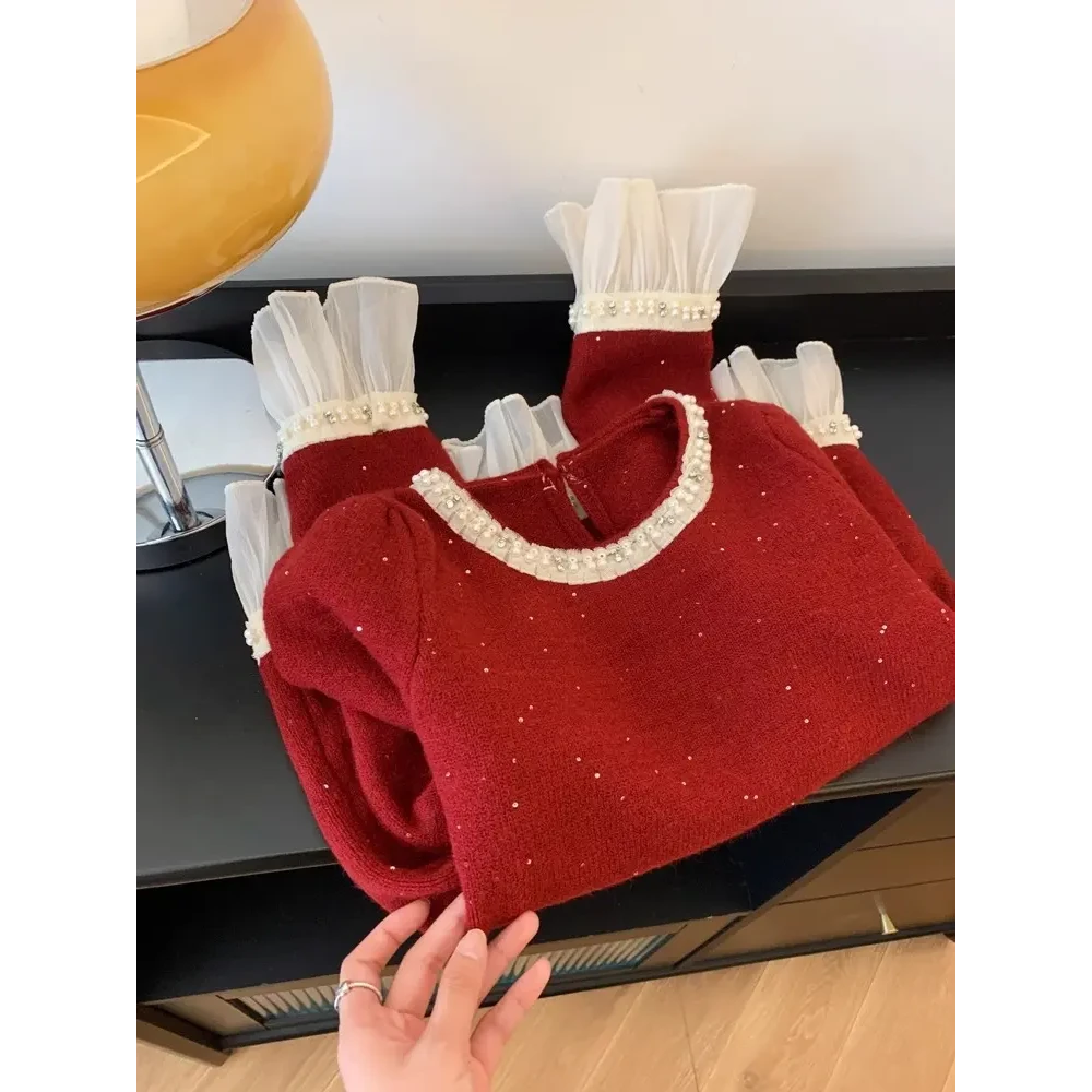 小香风蕾丝拼接打底衫女冬新款宽松针织毛衣重工钉珠长袖内搭上衣