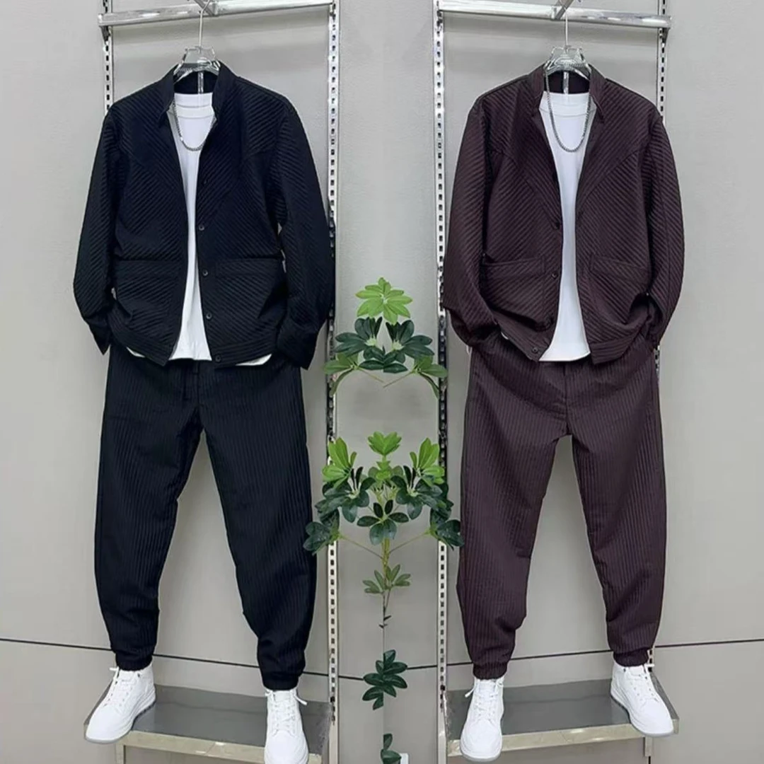 春夏季新款男士休闲套装运动潮流夹克条纹外套时尚百搭宽松两件套