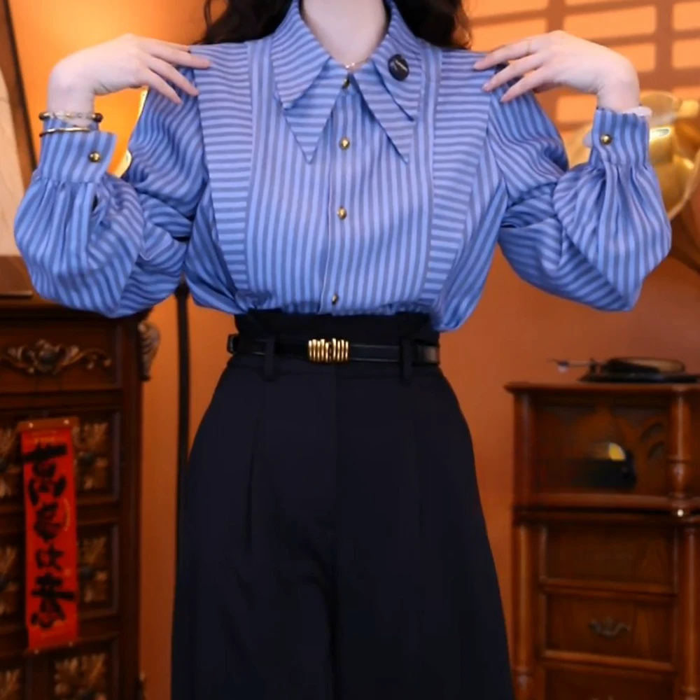 【椰风海韵】春季长袖衬衣气质精致设计感上衣蓝色条纹衬衫女春季