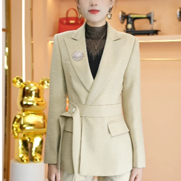 9895新款燕麦色时尚套装通勤女神范上衣女装西装秋季优雅修身套装