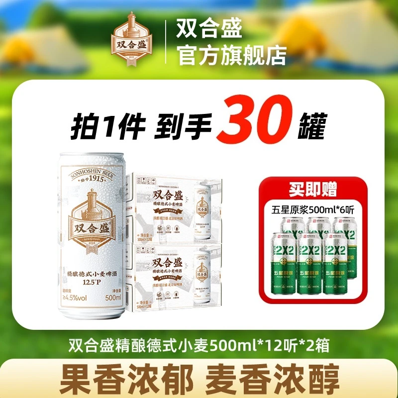 双合盛12.5°P 精酿德式小麦啤酒500ml*24听赠原浆啤酒*6听