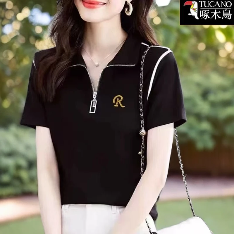 啄木鸟新款刺绣翻领短袖T恤女2025年夏季韩版修身上衣ins潮流百搭