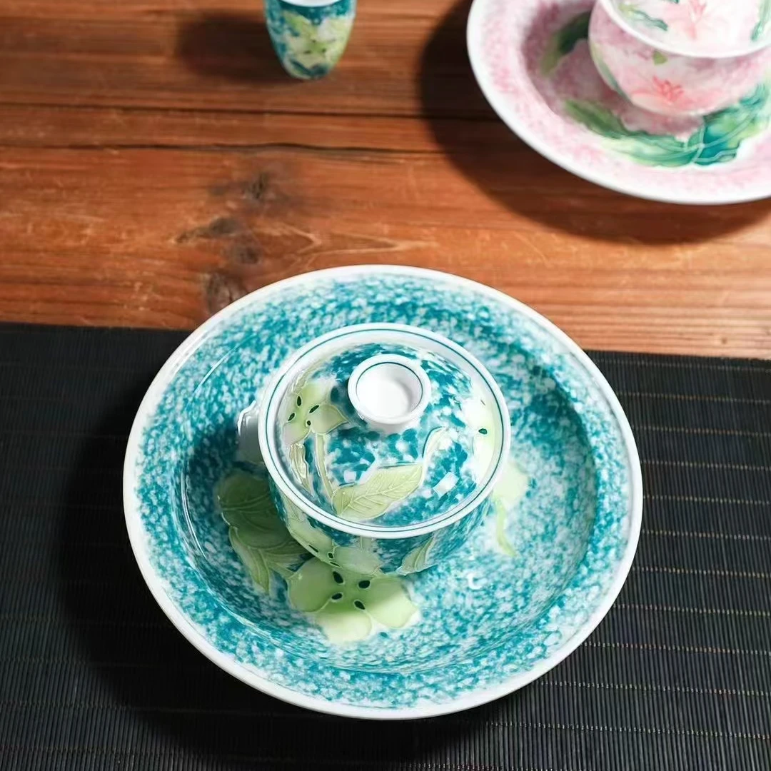 京隆堂浮雕四叶草满绘晕染布袋三才盖碗0278