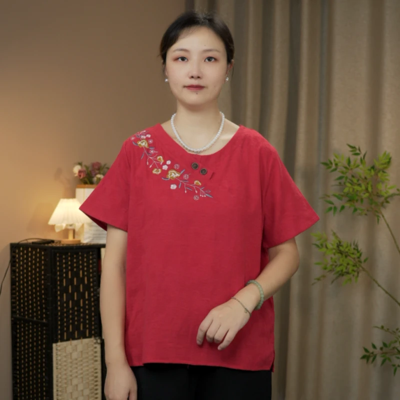 中老年大码女装民族风绣花短袖T恤胖妈妈宽松版型套头上衣夏新款