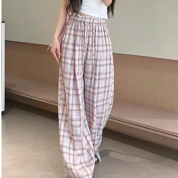 潮社外贸【粉紫色格子阔腿裤裤】2025腰头休闲格子粉紫色格子阔腿裤