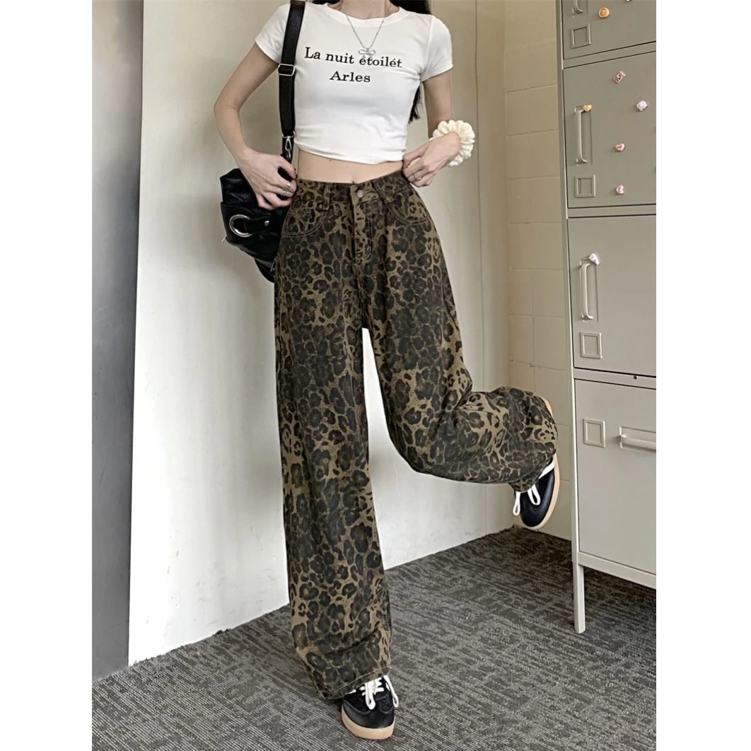小个子美式高街小众设计感豹纹牛仔裤女新款直筒宽松休闲阔腿裤子