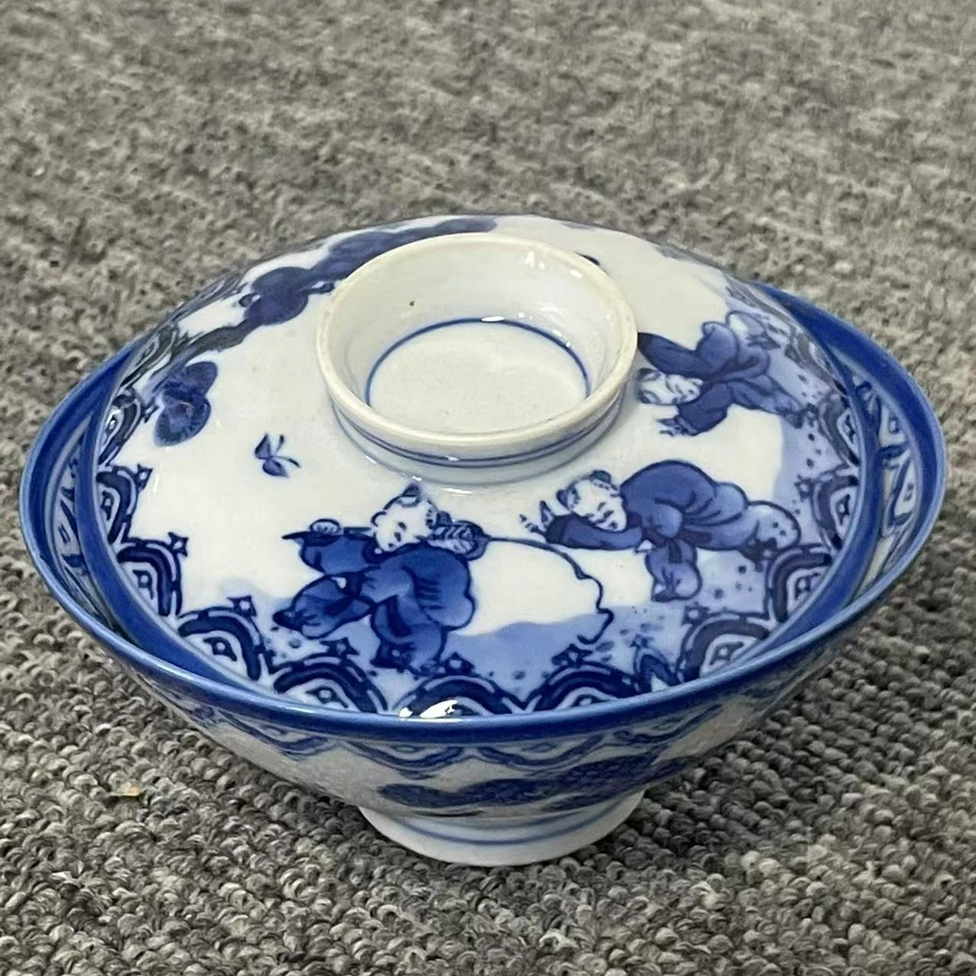 青花海水图两才盖碗