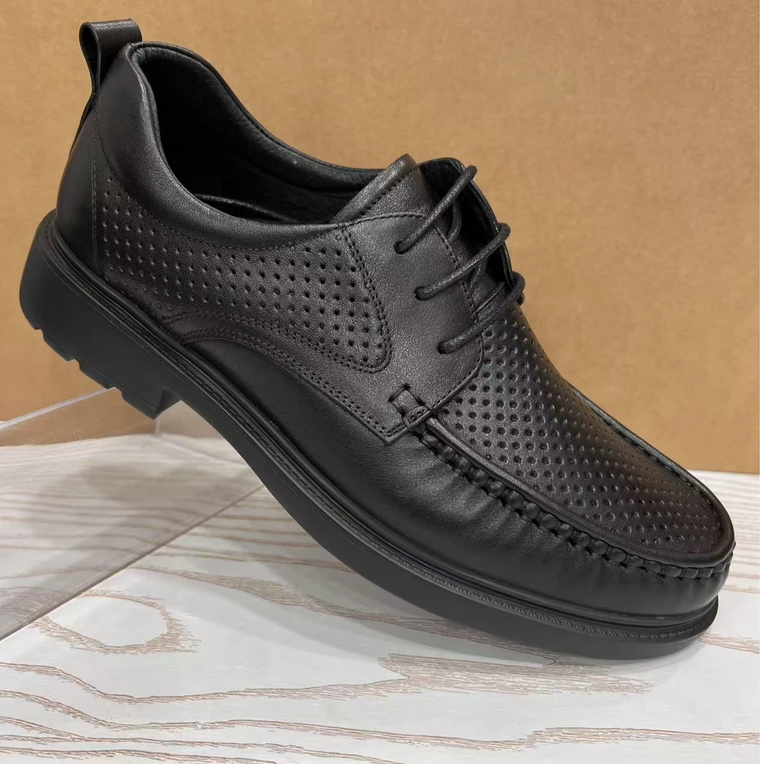 中跟纯色前系带防滑夏季透气增高男士结婚休闲皮鞋