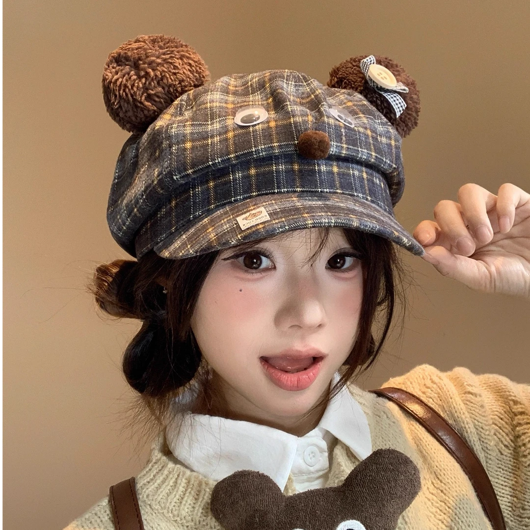 复古日系格纹小熊耳朵贝雷帽女秋2025新款小众俏皮可爱百搭画家帽