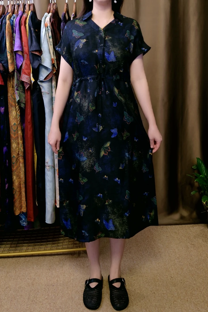 【彩蝶】褶皱中国风立领连衣裙夏季国风碎花连衣裙女