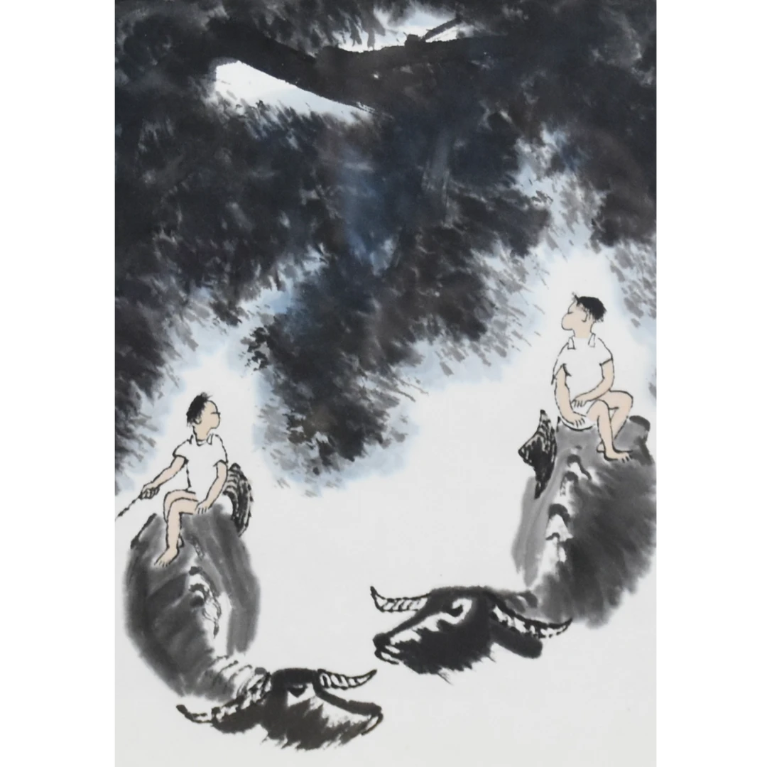 HM8245 浅塘渡牛图 26×24cm 纸本镜框 0.5平尺