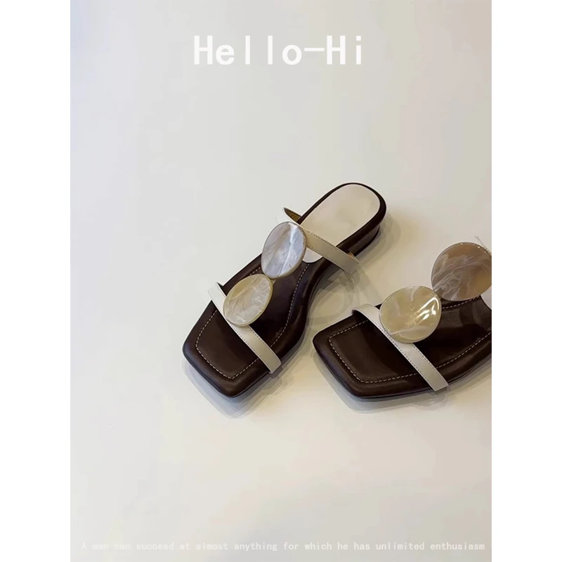 羊皮版~小众法式一字凉拖鞋女外穿露趾方头气质罗马鞋平底沙滩鞋