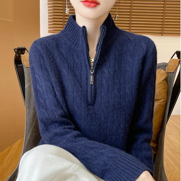 鄂尔多斯市100羊毛衫女秋冬半开领拉链宽松毛衣加厚针织打底上衣