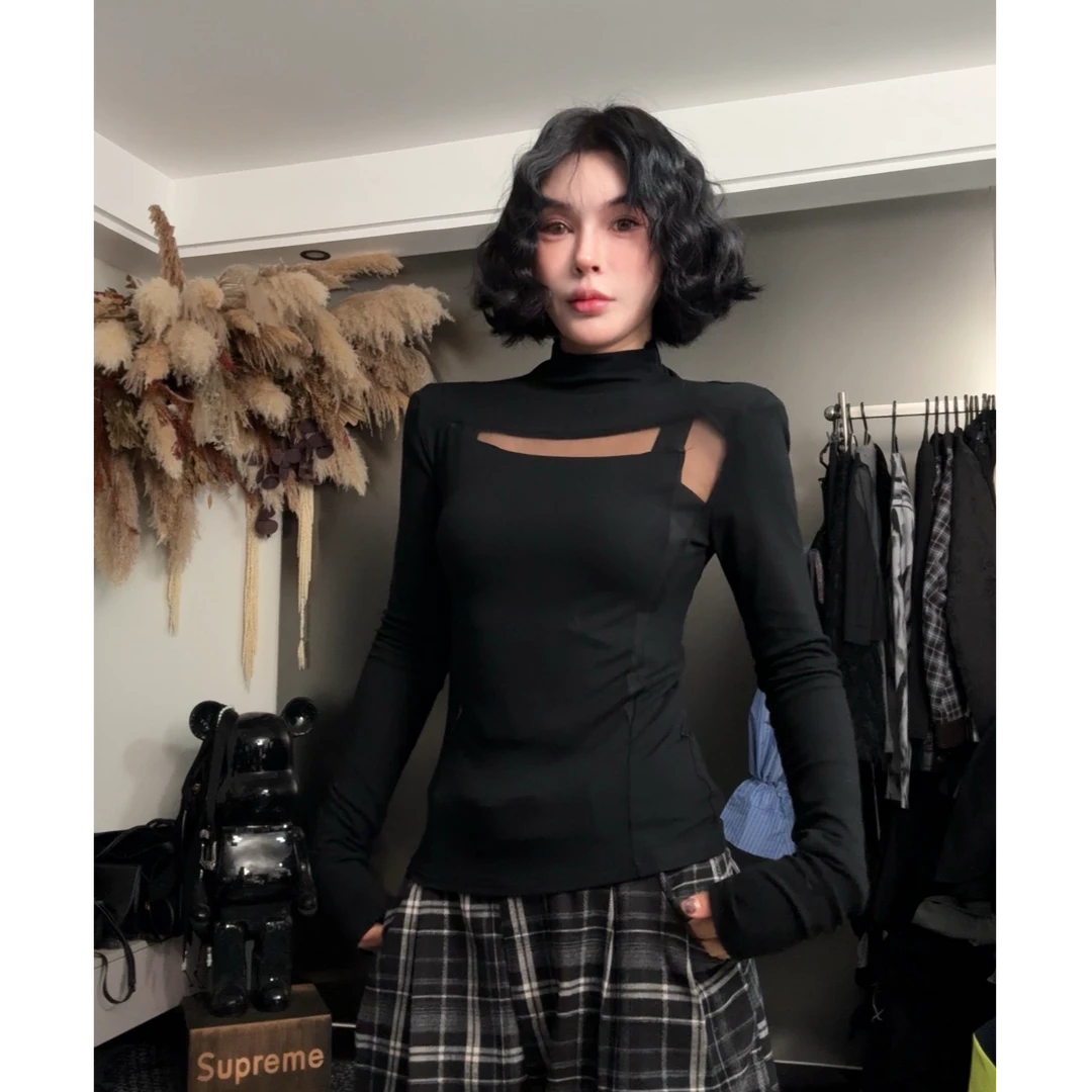 DA-J【暮光之城】秋季新款半高领拼接显瘦修身T恤镂空长袖 高弹力