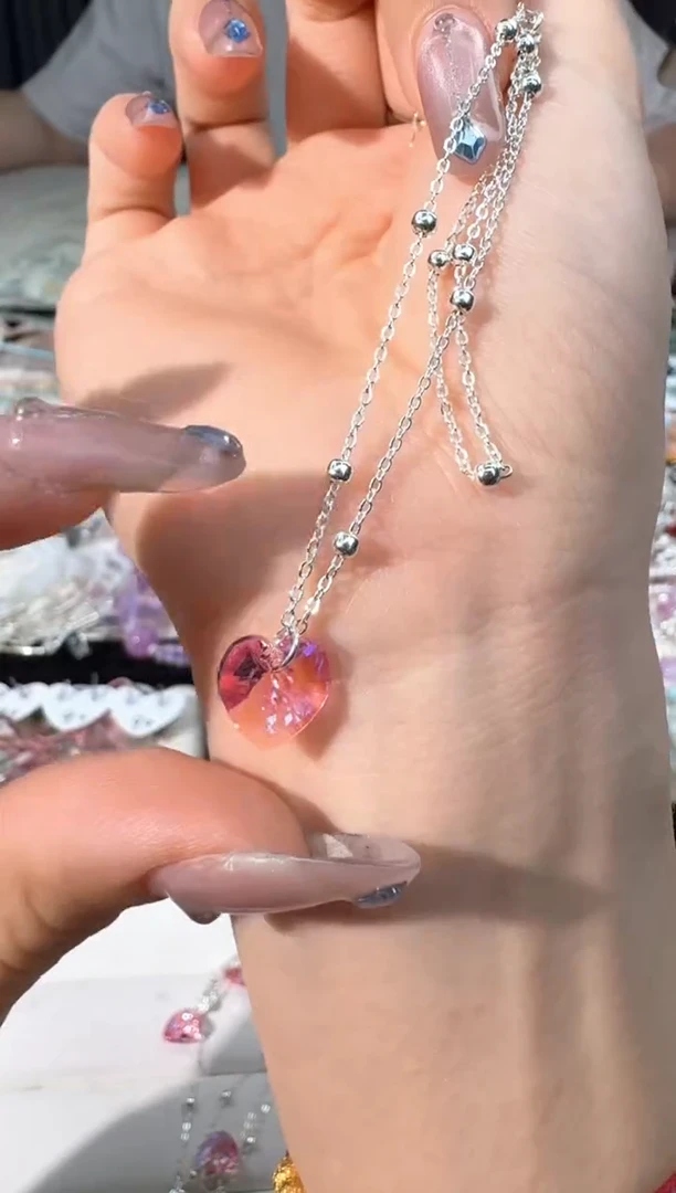 水晶手链银S925镶嵌J001玫粉色华子双层银链款