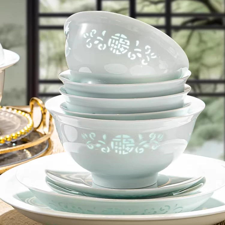 景德镇聚璞祥高温釉下彩福字玲珑30头餐具套装家用欧式盘子中式