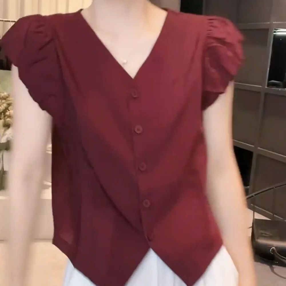 夏款V领衬衫设计感时尚百搭短袖显瘦上衣女C5478