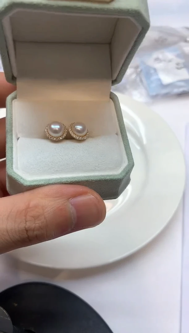 银S925镶嵌耳饰海水珍珠淡水S925银圆环耳钉6.5-7.5mm