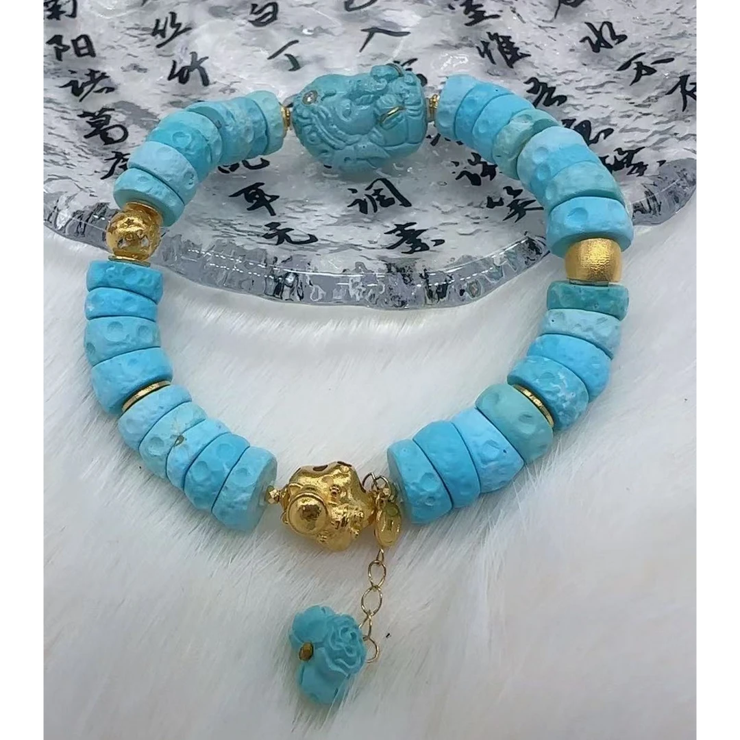 天然原矿绿松石柔光大肠精美手串18K金配饰