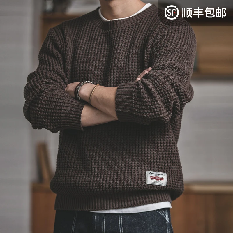 马登工装美式复古圆领加厚粗毛线毛衣阿美咔叽针织宽松卫衣男春夏
