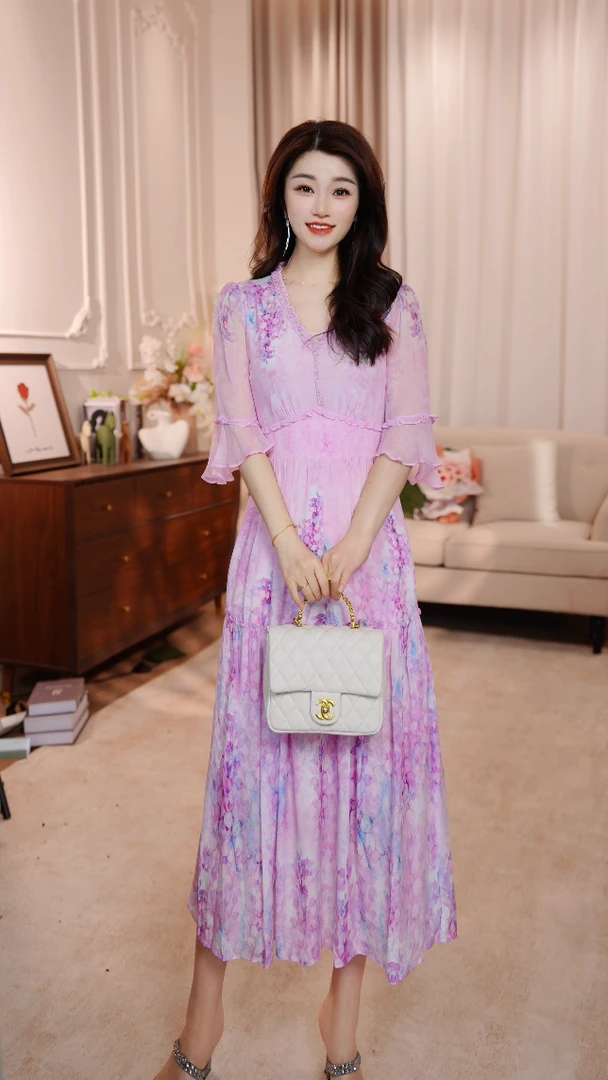 【薰衣草】25年显白定位花清透名媛风优雅气质收腰高端连衣裙