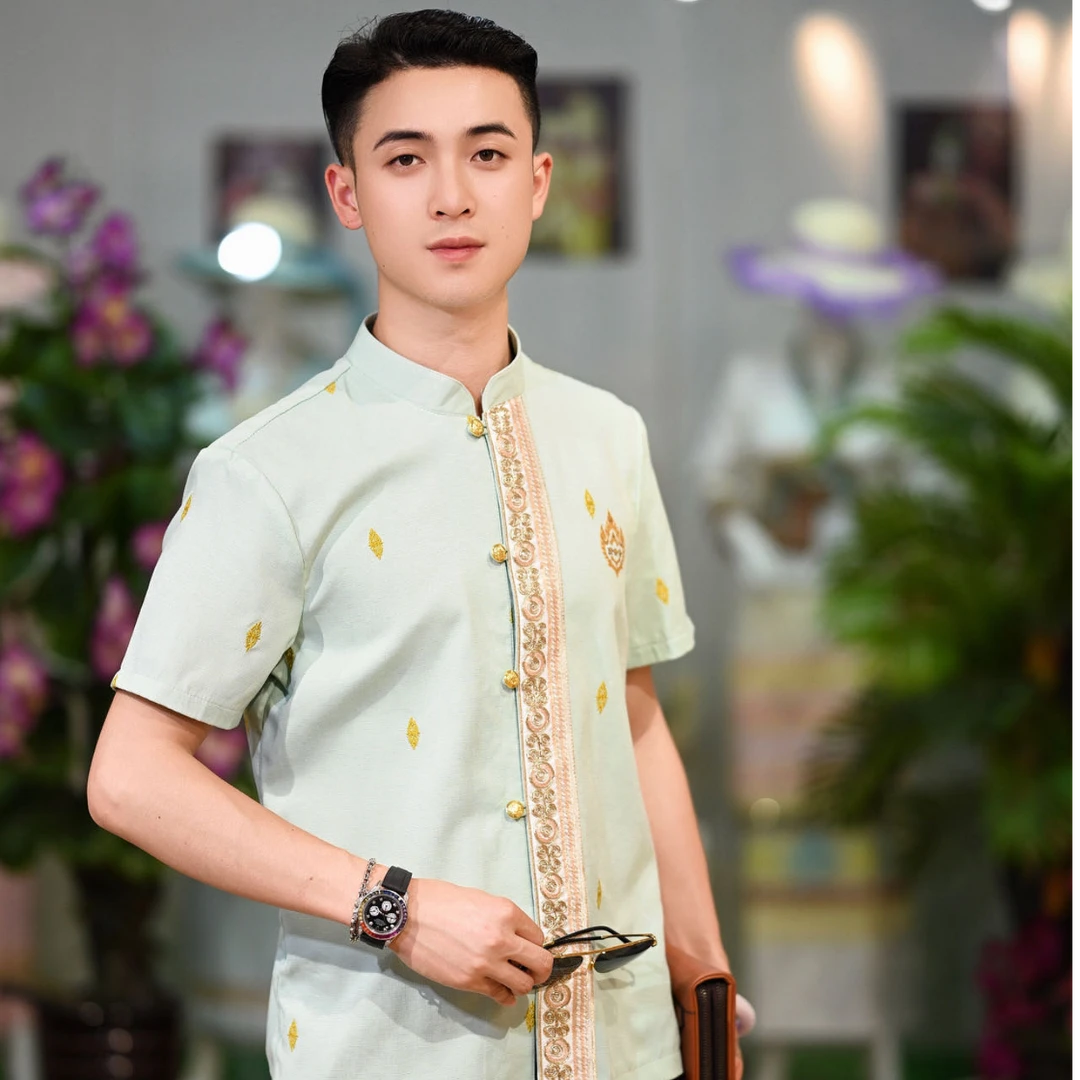 西双版纳傣族男士夏季休闲时尚民族风立领短袖衬衫复古中式衬衣