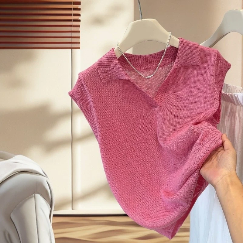2025新款韩系粉红色粉嫩嫩复古polo领针织T恤女夏季软糯亲肤修身