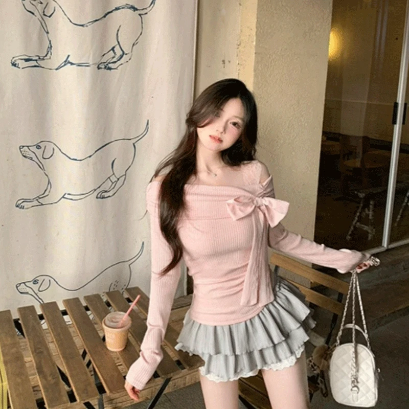 一字肩蝴蝶结长袖针织衫女春季新款修身甜美内搭设计感打底衫上衣