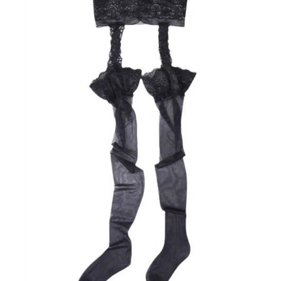 极光油亮丝滑一体吊带性感蕾丝超薄筒袜 （带香味）