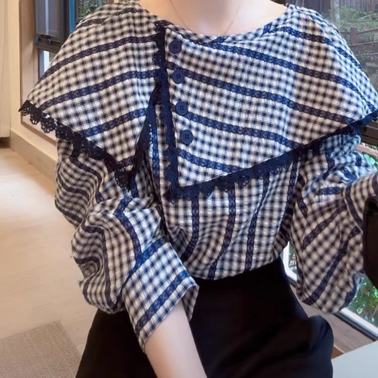 韩系洋气设计感格纹大翻领长袖衬衫女25春季新款气质减龄衬衣上衣