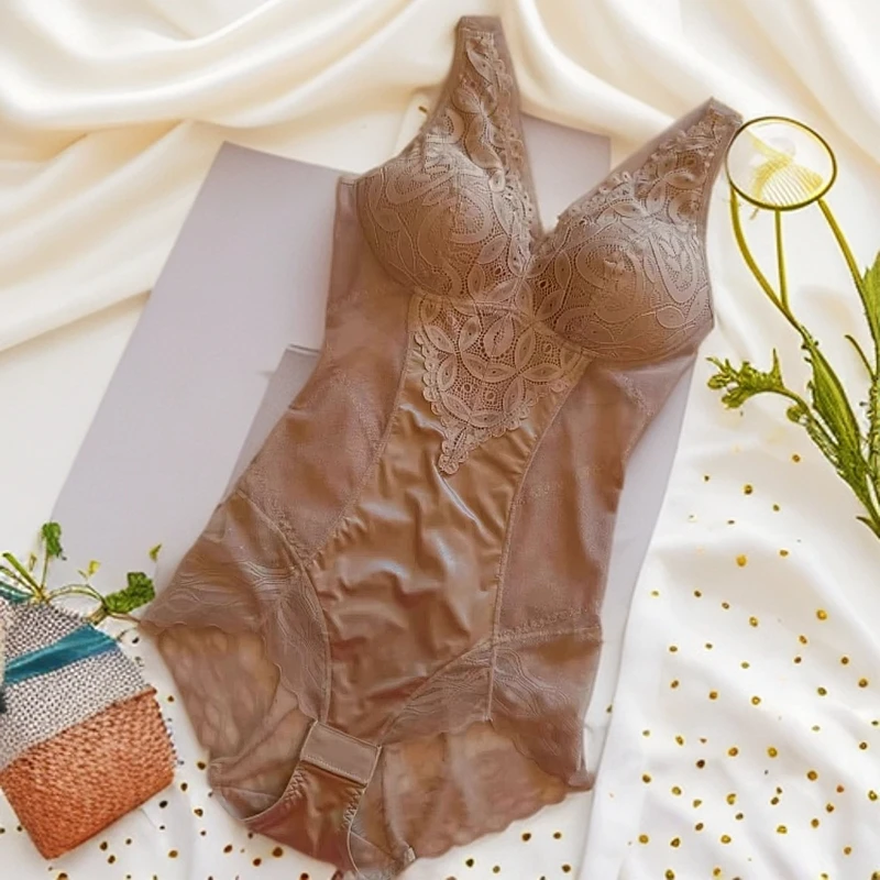 外贸韩单性感蕾丝边收腹塑型美体美背无钢圈聚拢新年红色连体内衣